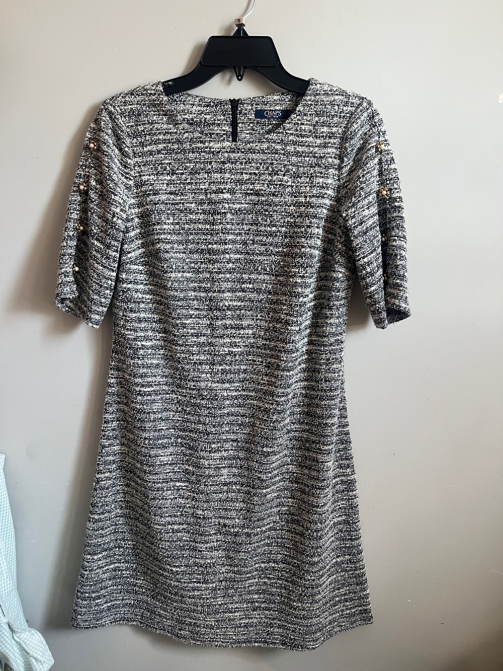 Chaps Gray Tweed Midi Shift Dress with Embellished Sleeves